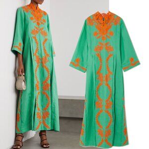 GUCCI DRESS AQUA GREEN LINEN LONG KAFTAN WITH ORANGE FLORAL LACE sz 38 2